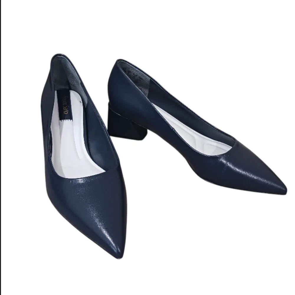 SOLD Franco Sarto Racer Pump Navy Block Heel - Picture 3 of 16